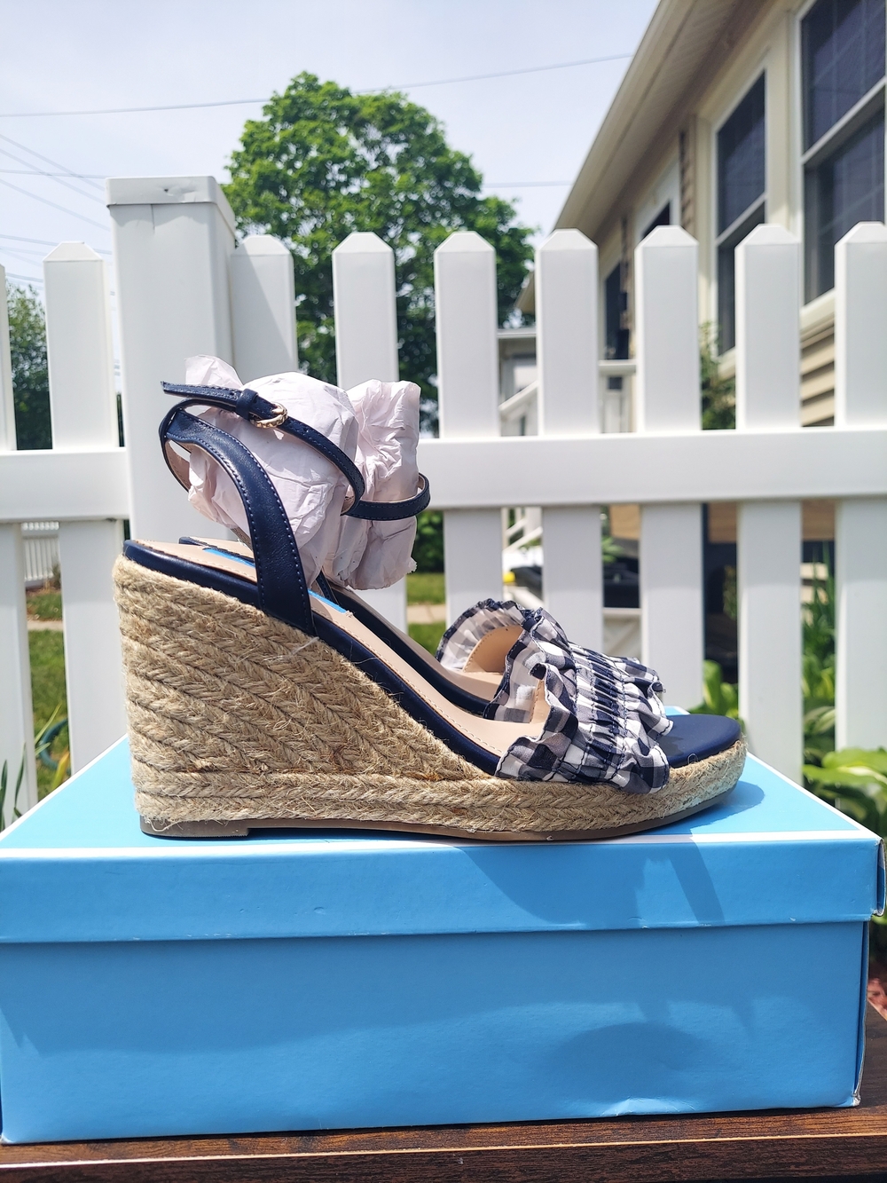 Draper James Navy Gingham Espadrille Wedge Sandals Women Size 9 NWT Feminine
